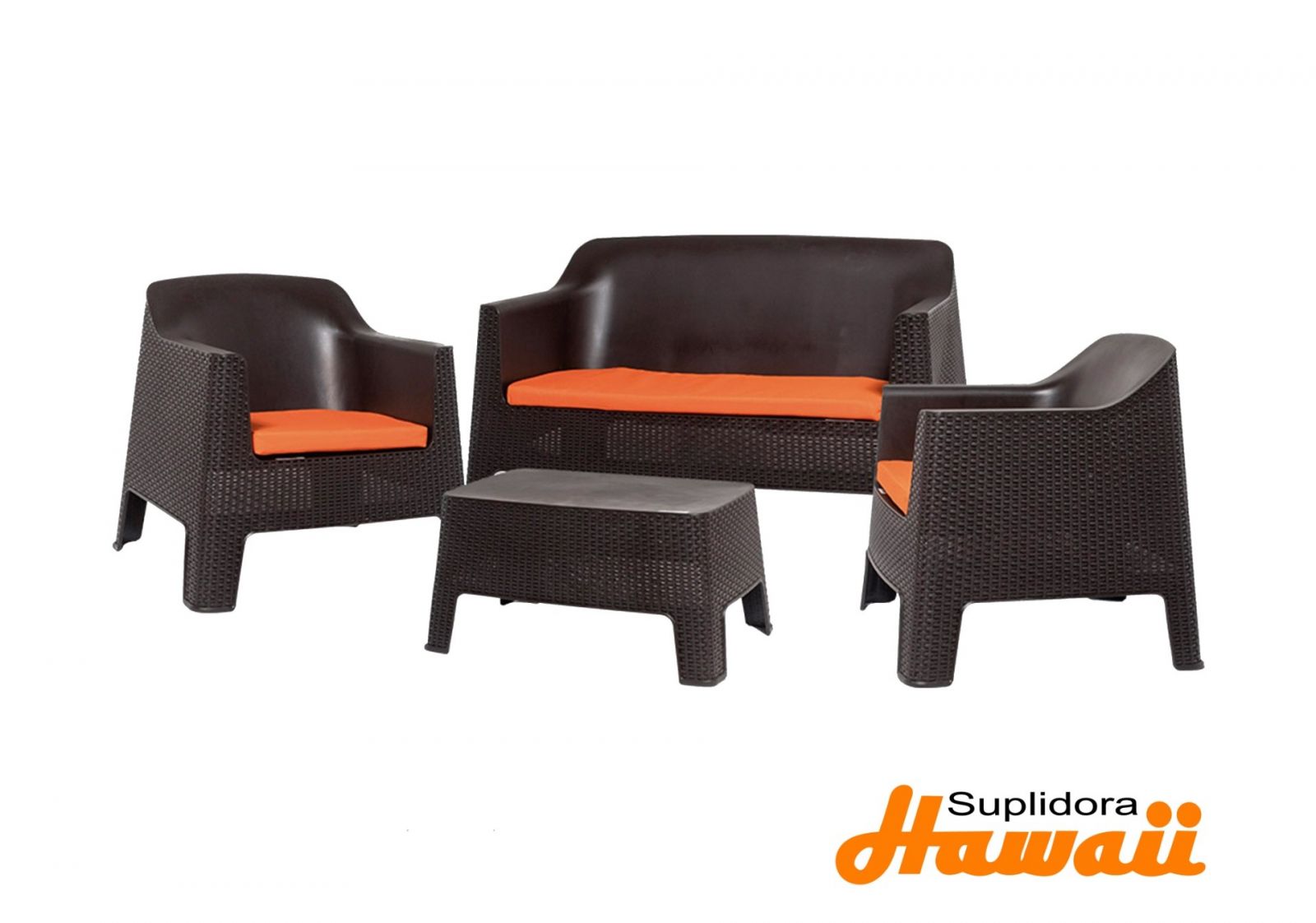 JUEGO TERRAZA PLASTICO BALI S2 2B 1M MARRON COJIN NARANJA SO-00071-2 BU-00071-6